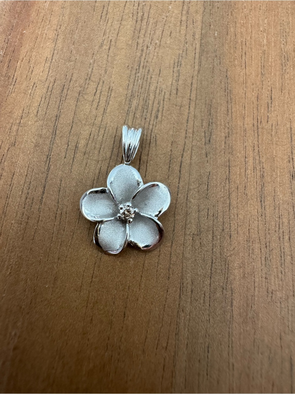 Plumeria Flower Pendant 14k White Gold Brushed Floral with Diamond